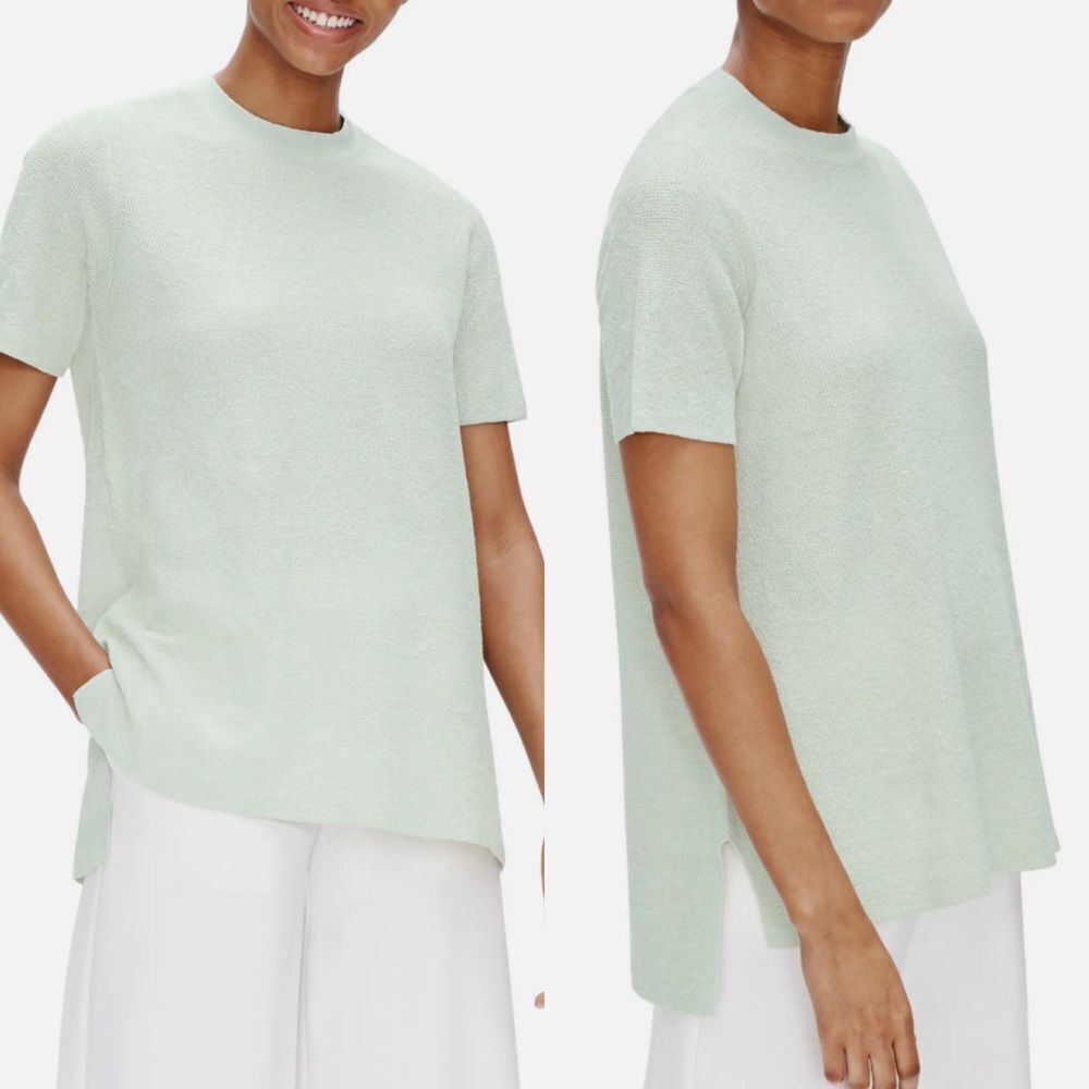 Eileen fisher MIST green organic linen blend honey comb knit top women’s M